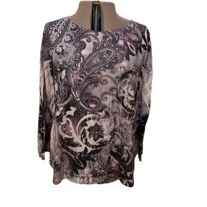 B.L.E.U. Size 2X. Pullover Stretch Top. Purple Paisley Sequin Embellished. B67